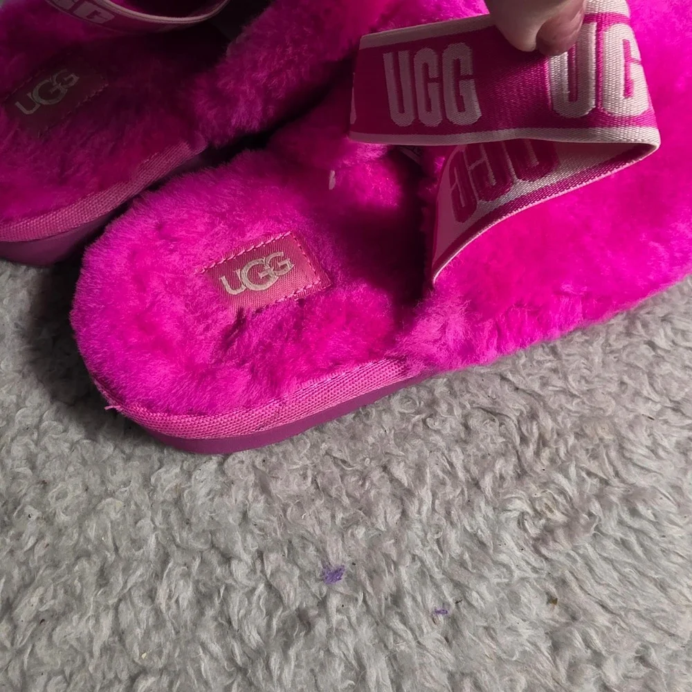 UGG Fluff Yeah Slide Pink Shearling Slingback Slippers Mules Girl‎ 2 Excellent